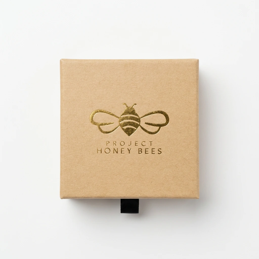 Top view of the Luxury Gift Box and its gold foil bee logo
