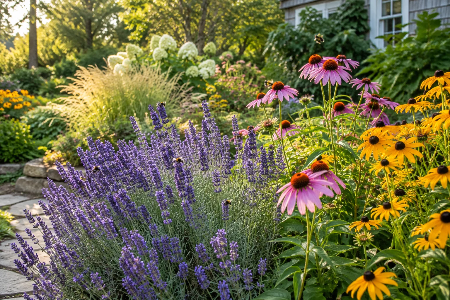 Lavender and other pollinator-friendly plants create a varied flowering garden.