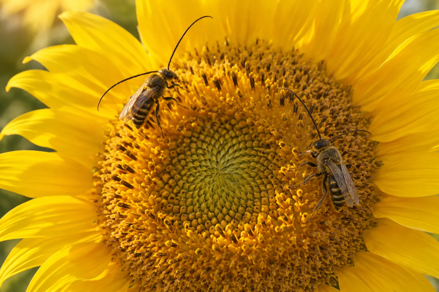 Male solitary bees resting on a sunflower in the evening.