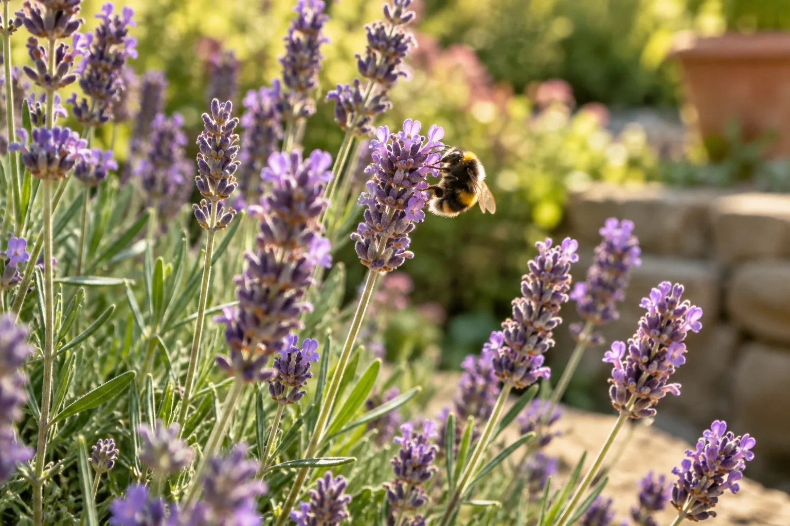 Bumble bee feeding on English lavender flowers in a sunny garden.