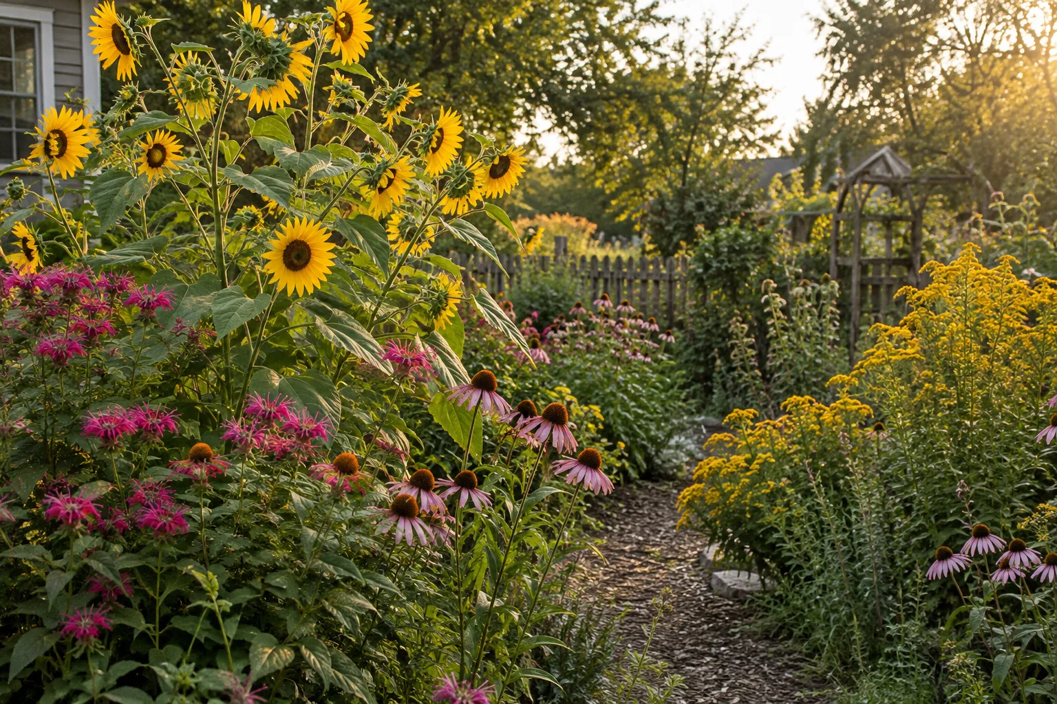 Bee-friendly garden combining sunflowers with coneflowers, bee balm and goldenrod.