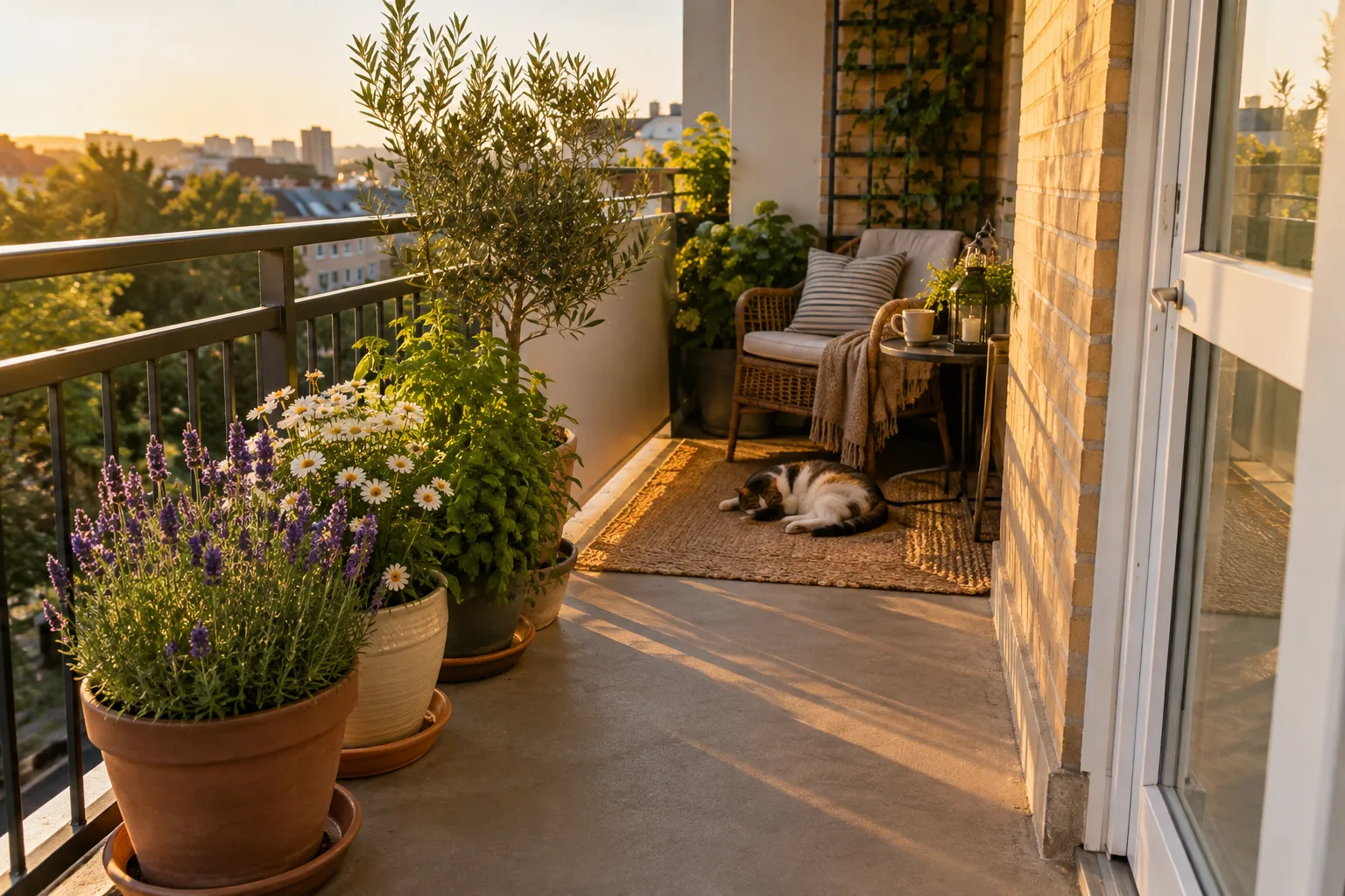 Small balcony pollinator garden with grouped flower pots and a clear walkway.