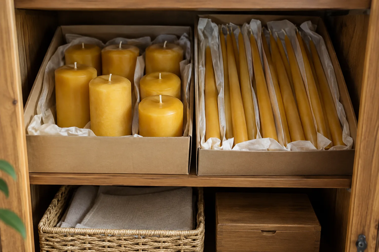 How to store beeswax candles in a shaded cabinet with protective packaging