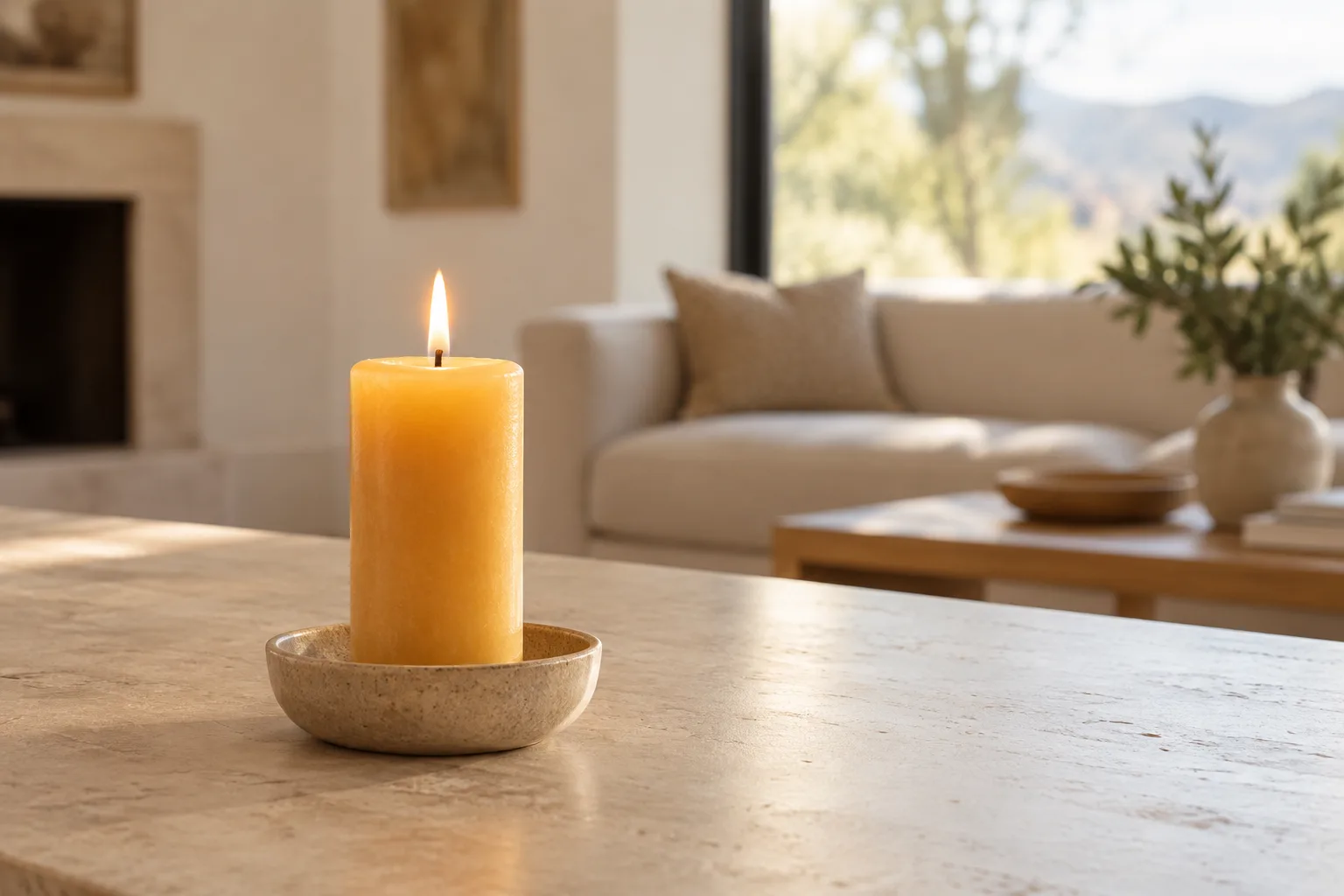Beeswax candle on a heat-resistant holder with clear space around the flame