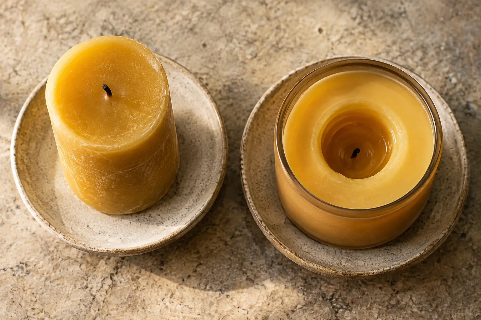 Beeswax pillar candles can retain a protective wax rim unlike a deeply tunneled container candle