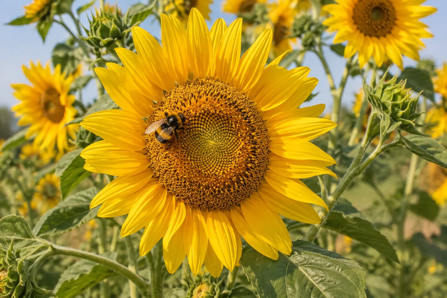 Open-faced pollen-producing sunflower with accessible florets for a bumble bee.