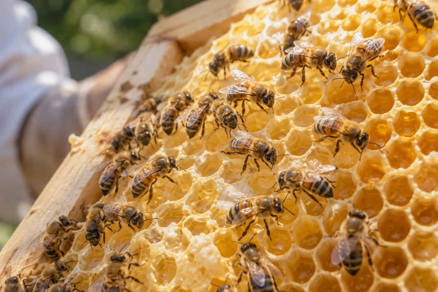 Worker honey bees on pale fresh beeswax comb inside a hive.
