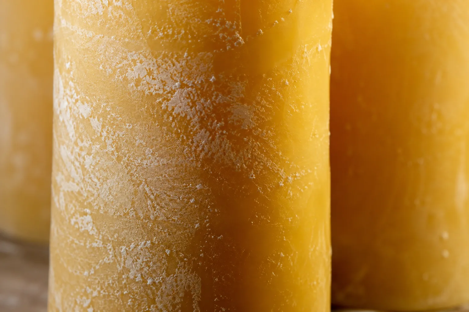 Fine beeswax bloom forming a pale crystalline film on golden candle wax