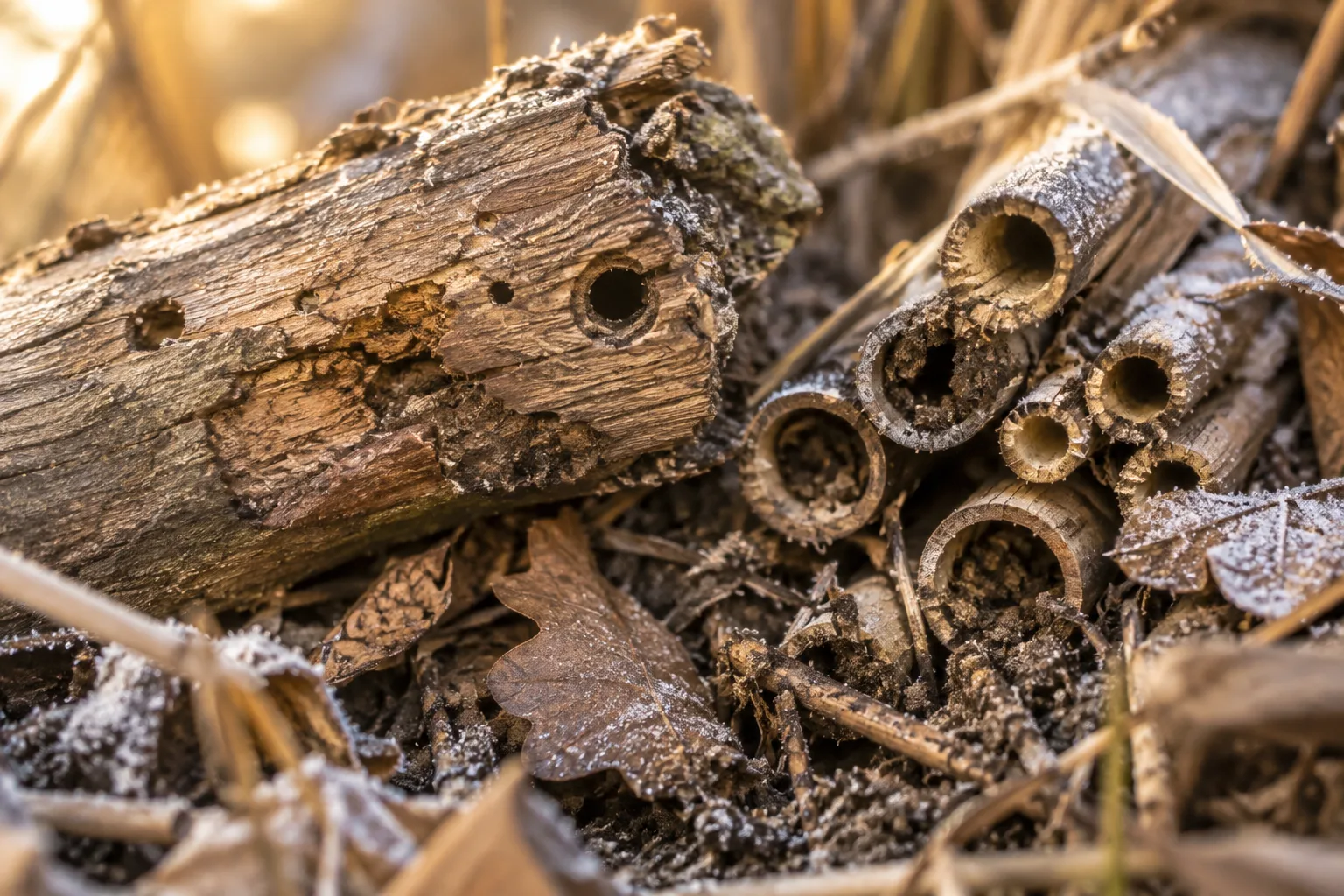 Hollow stems and natural wood cavities that can shelter native bees in winter.