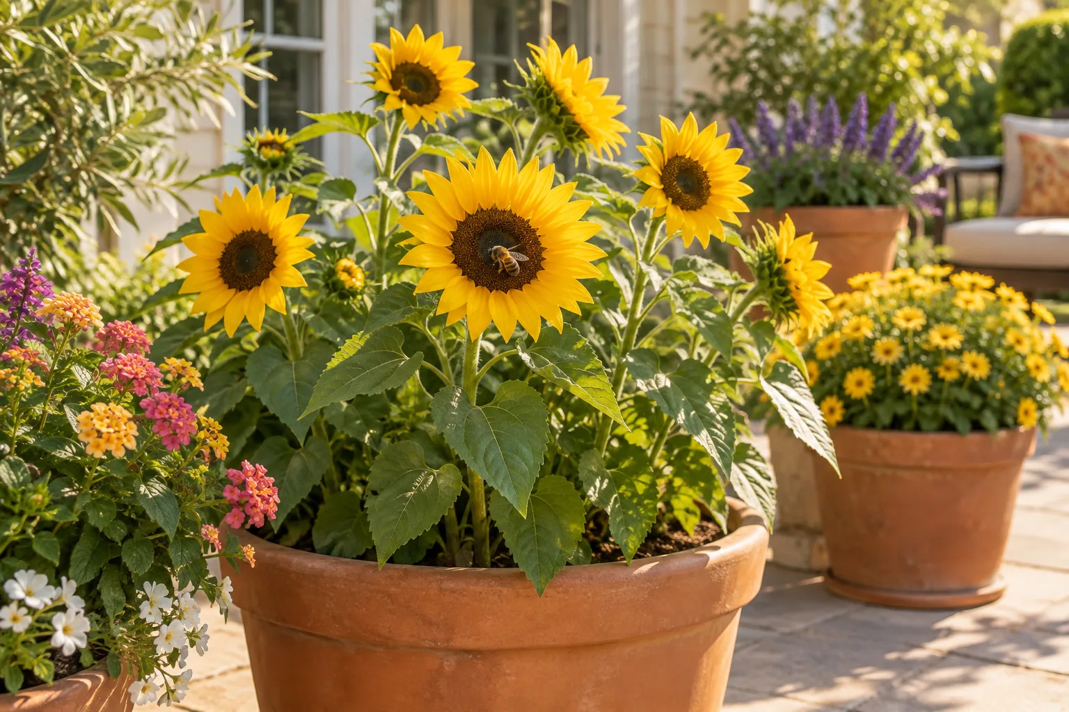 Growing sunflowers in pots on a sunny patio with flowers accessible to bees.