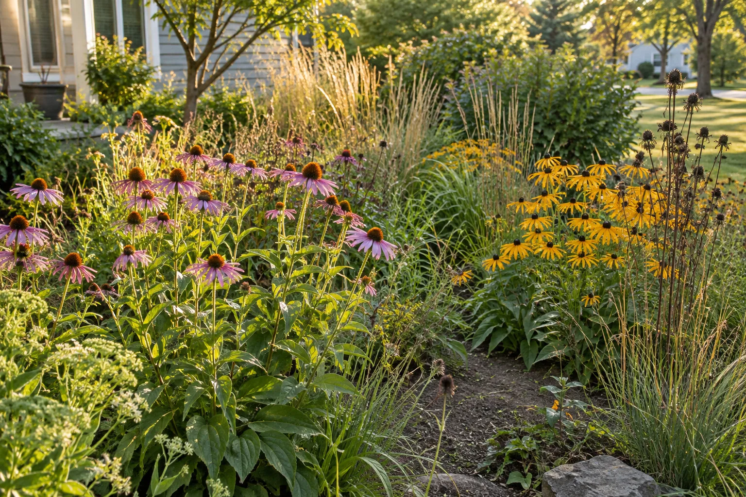 Pollinator-friendly garden with flowers for bees, standing stems, and exposed soil.
