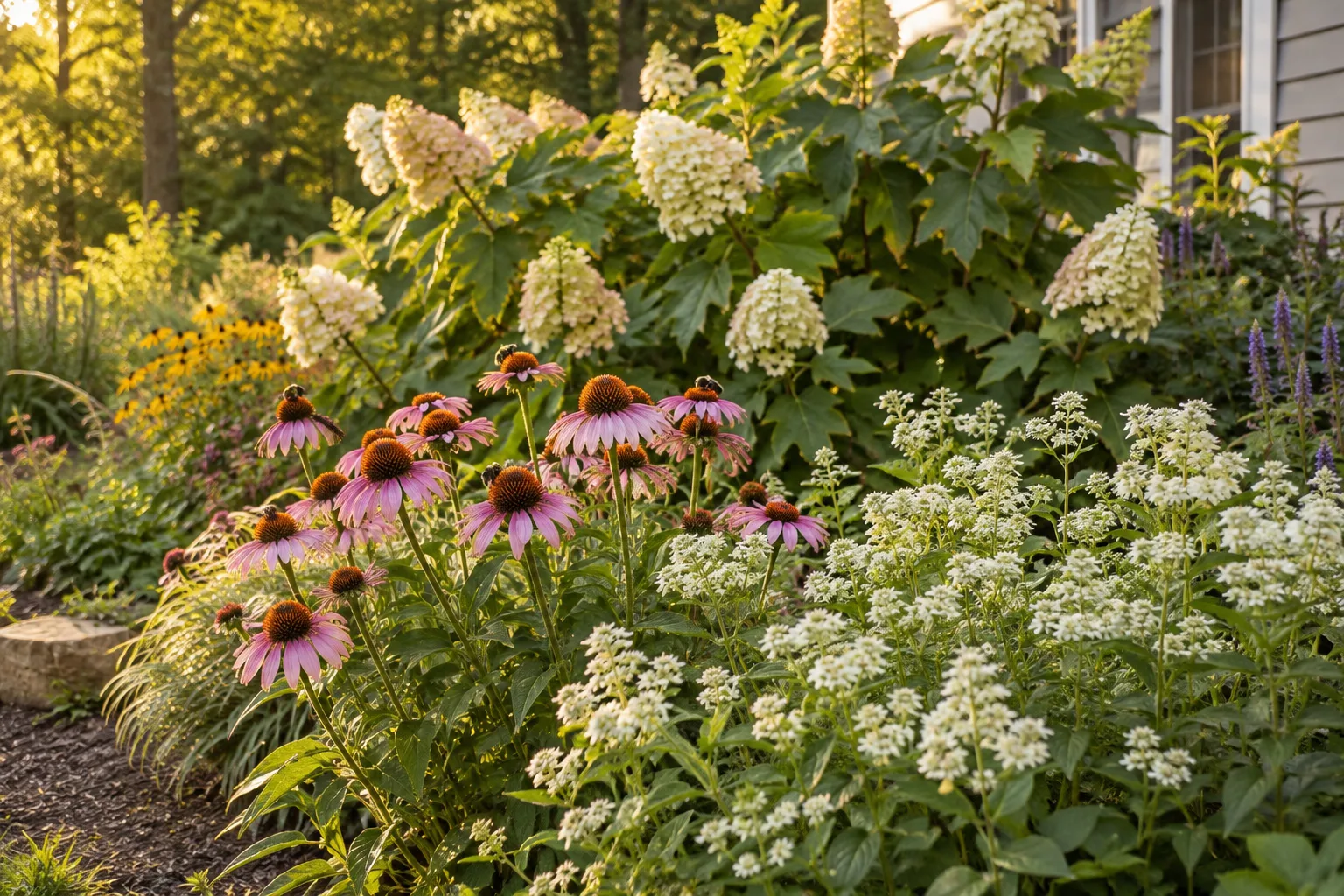 Pollinator-friendly garden combining oakleaf hydrangea with varied summer flowers