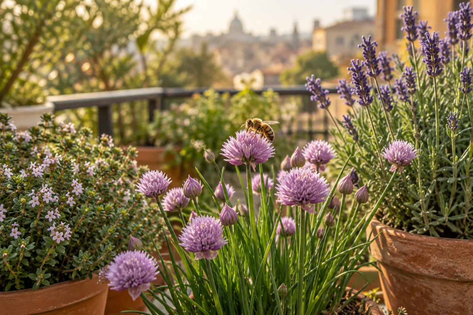 Bee-friendly flowers in balcony containers, including thyme, chives, and lavender.