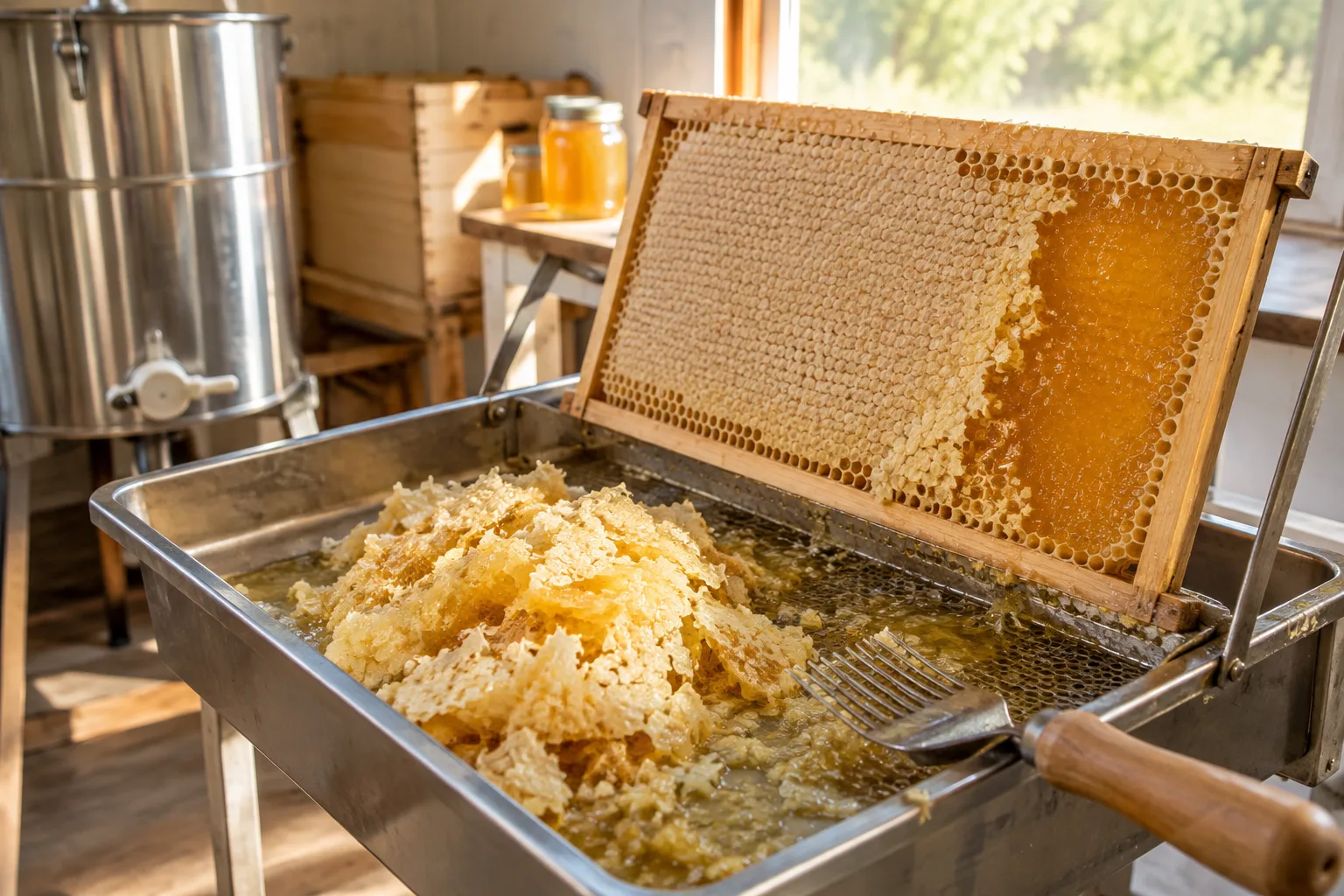 Beeswax cappings collected in an uncapping tray during honey extraction.