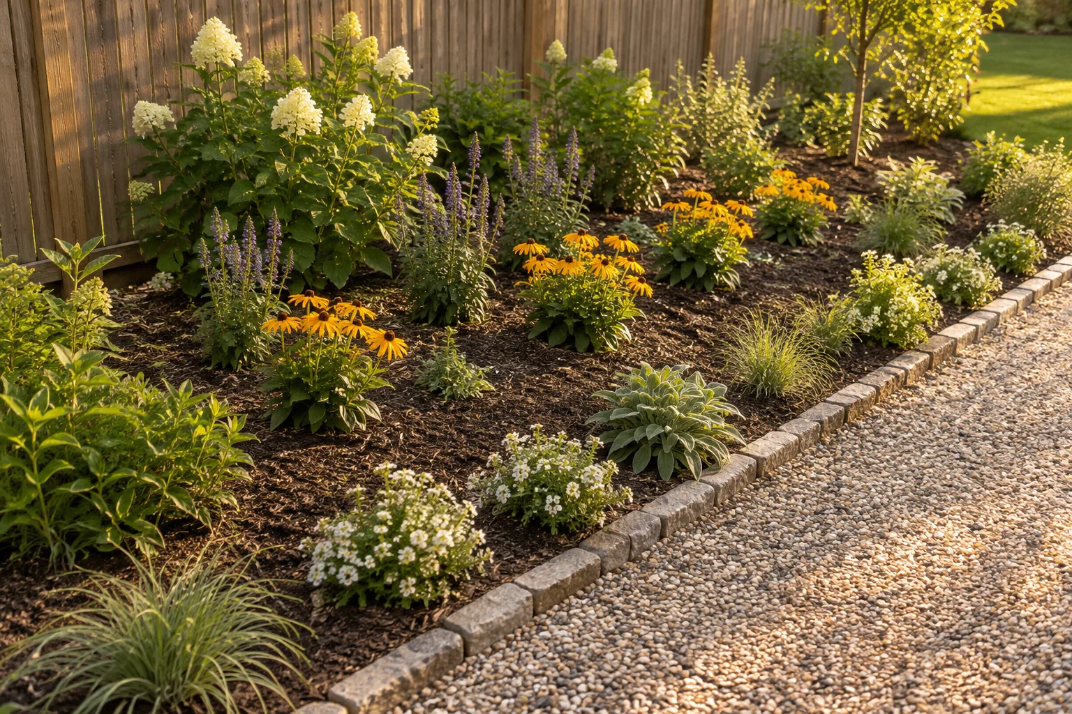 Small pollinator garden with three planting bands and an accessible front edge