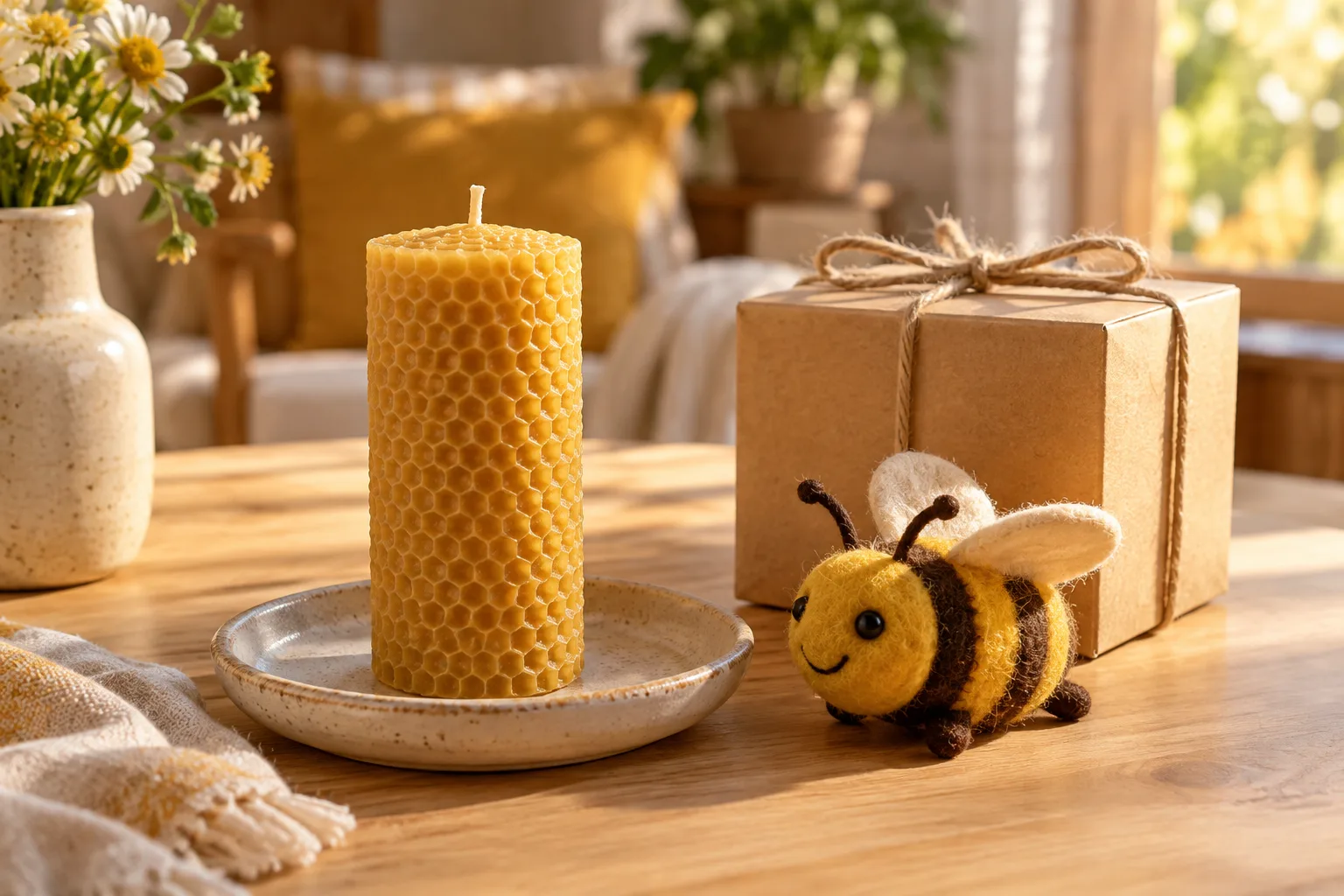 Beeswax candle and plush bee as alternatives to jewelry gifts