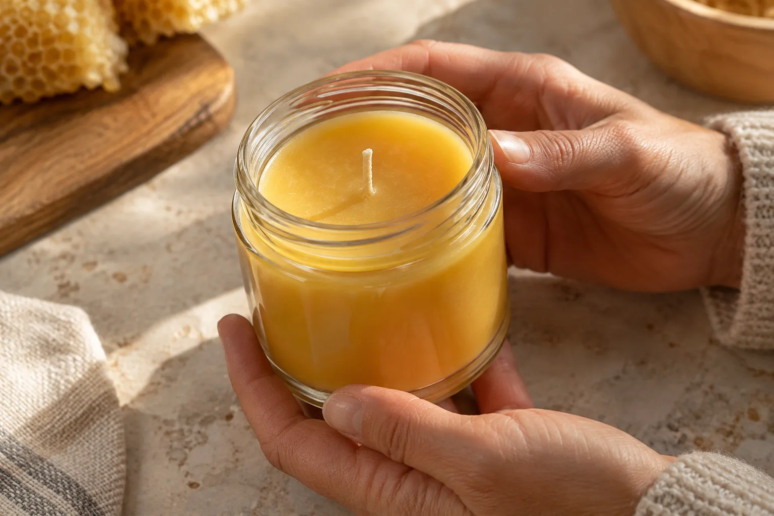 Checking an old beeswax candle for container damage and wick problems before use