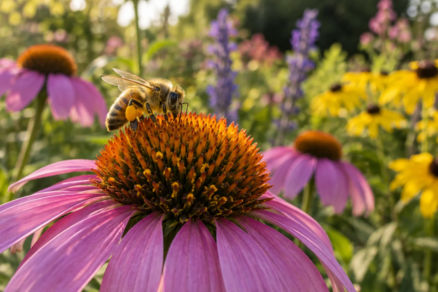 Honey bee visiting a coneflower in a garden that provides forage for pollinators