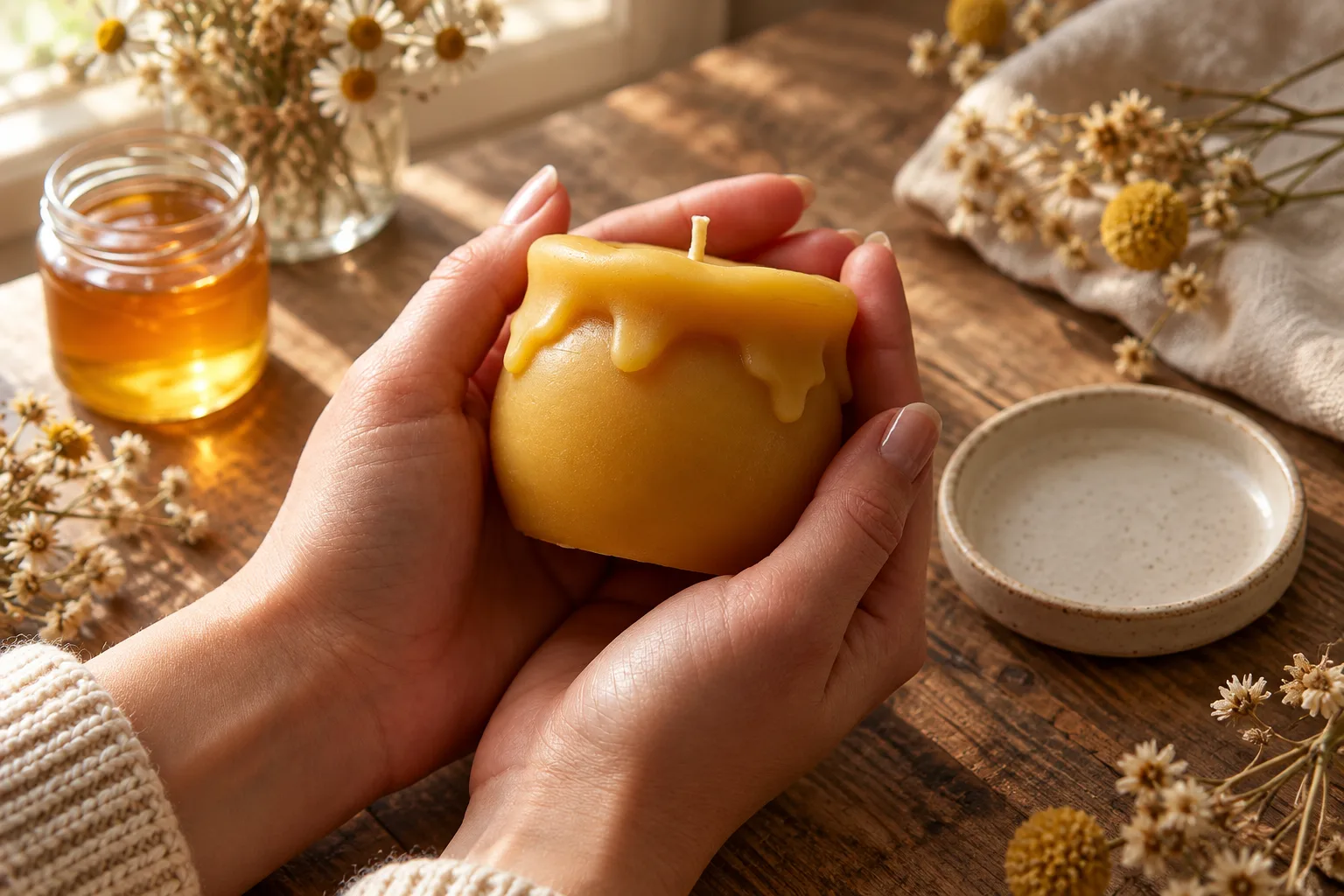 Shopper examining a beeswax candle for a subtle natural beeswax scent