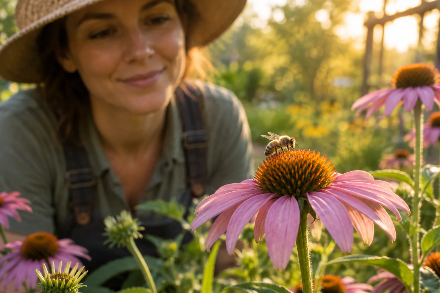 Gardener observing a sleeping bee without touching the flower.