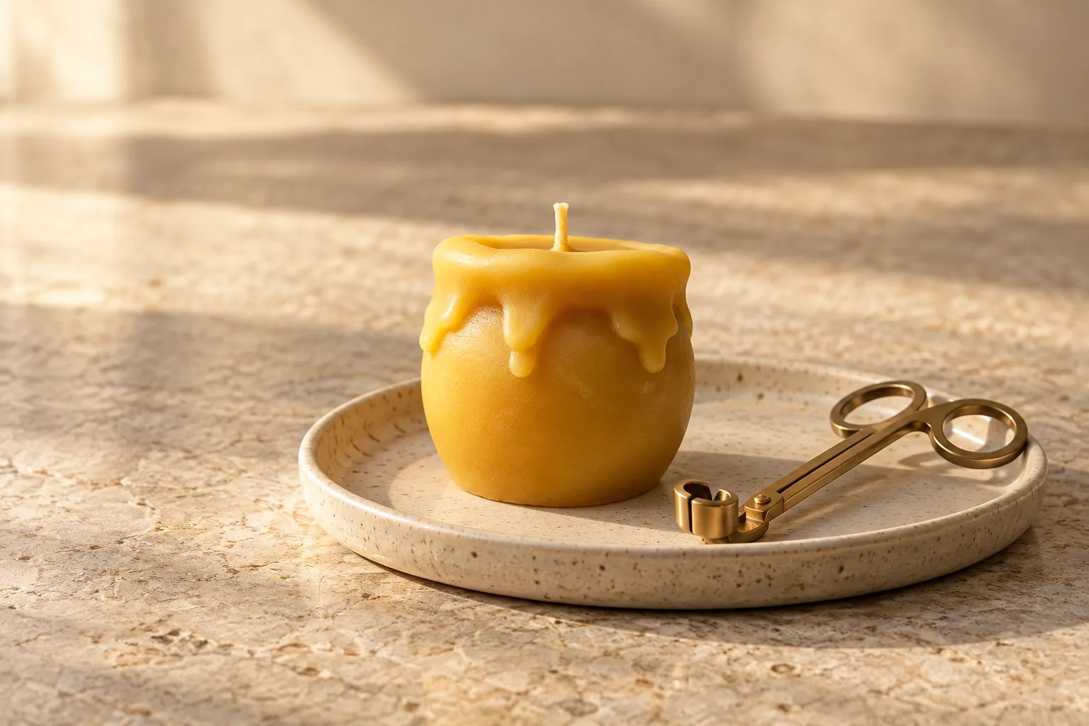 Beeswax candle care setup with wick trimmers and a stable heat-resistant tray