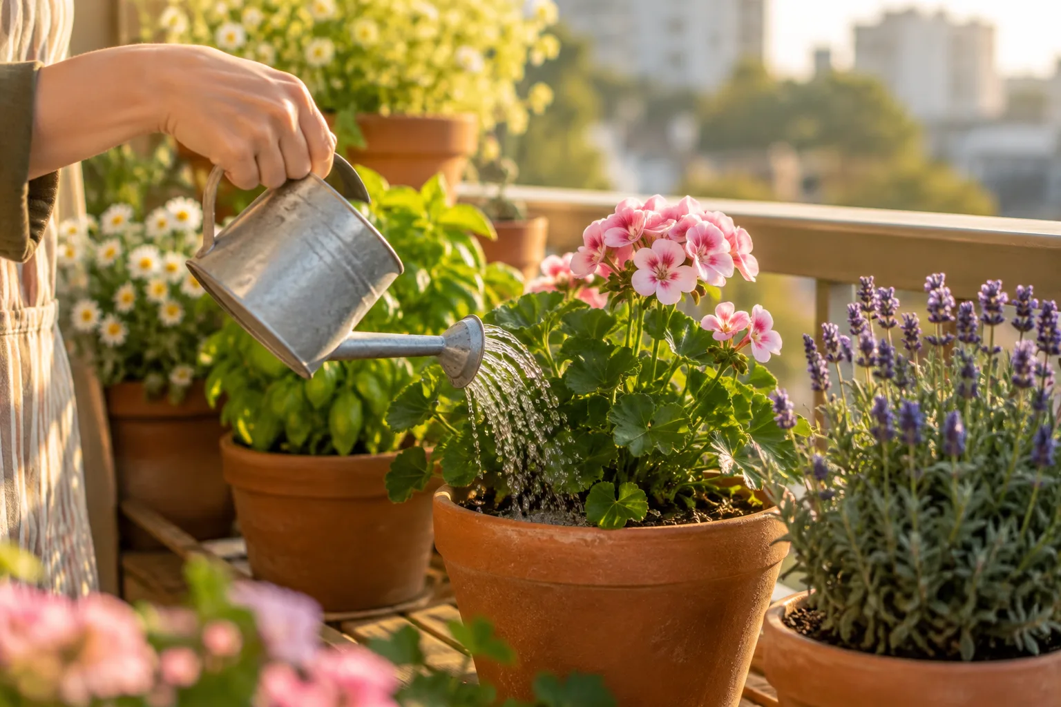 Careful watering at soil level helps maintain healthy container plants for bees.