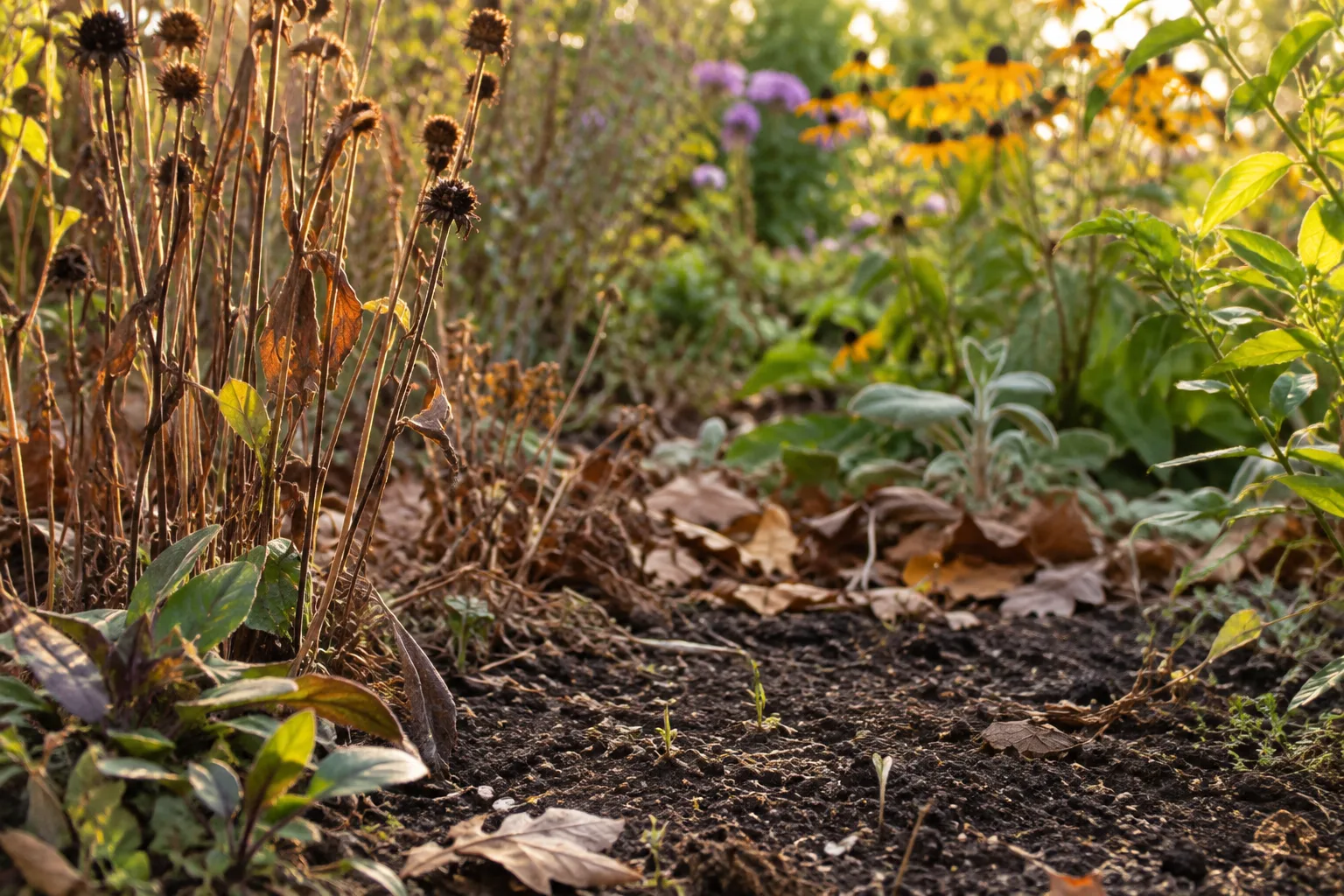 Native bee nesting habitat with exposed soil and standing perennial stems
