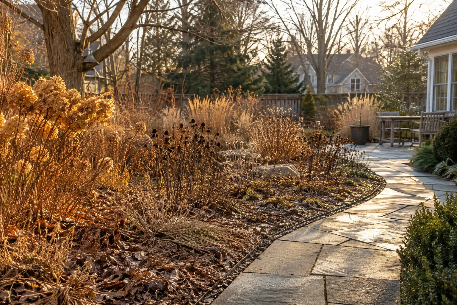 Winter bee habitat with standing perennial stems and undisturbed leaf litter.