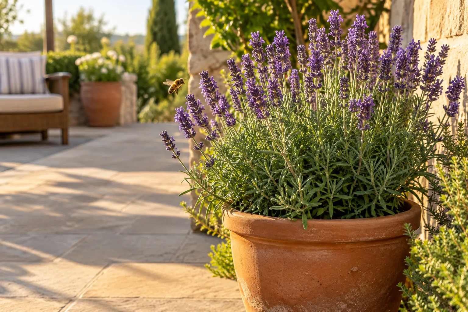 Flowering lavender in pots provides accessible nectar for visiting bees on a sunny patio.