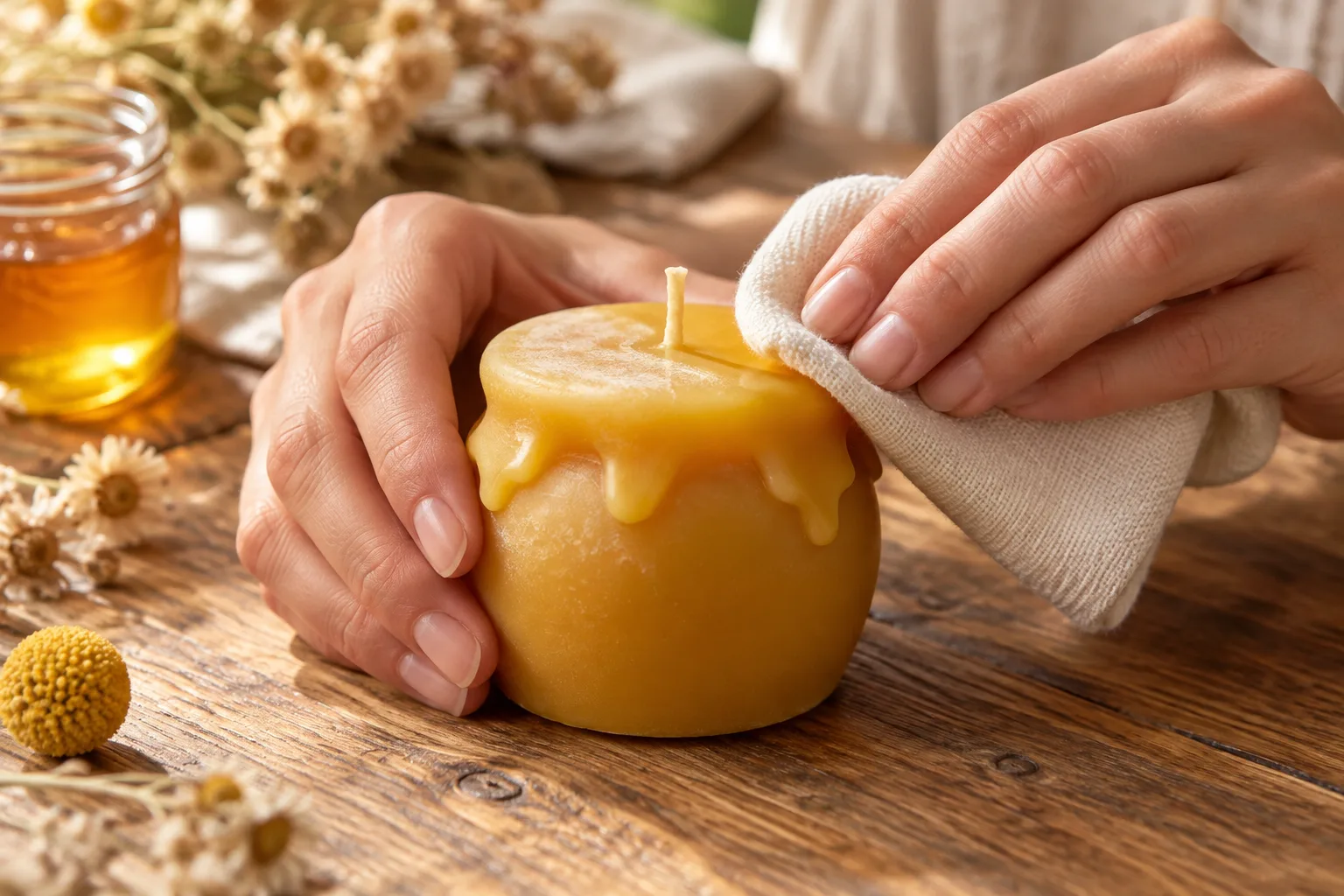 Gentle dry-cloth buffing to remove beeswax bloom from a cool candle