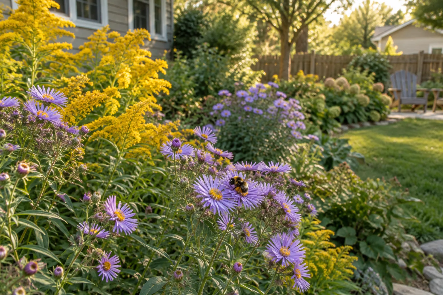 Late-season pollinator garden plants with asters and goldenrod in bloom