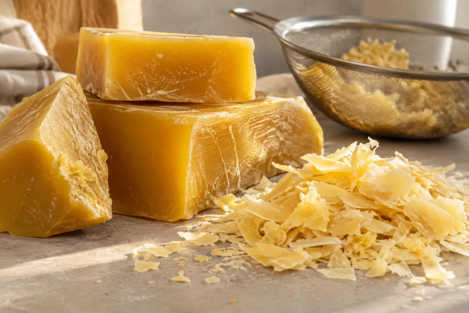 Natural beeswax samples illustrating variation in wax appearance and processing