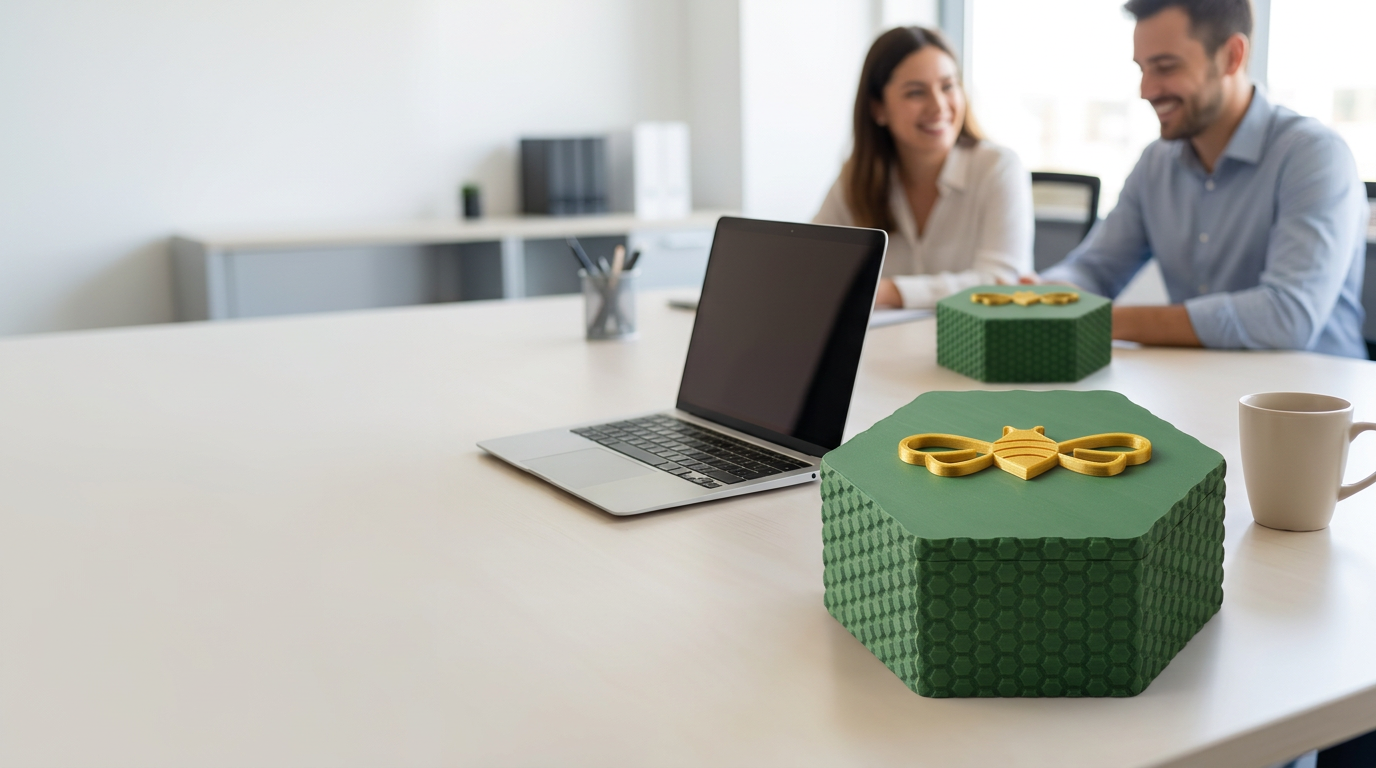 Illustrative corporate gifts gifting scene inspired by Project Honey Bees packaging