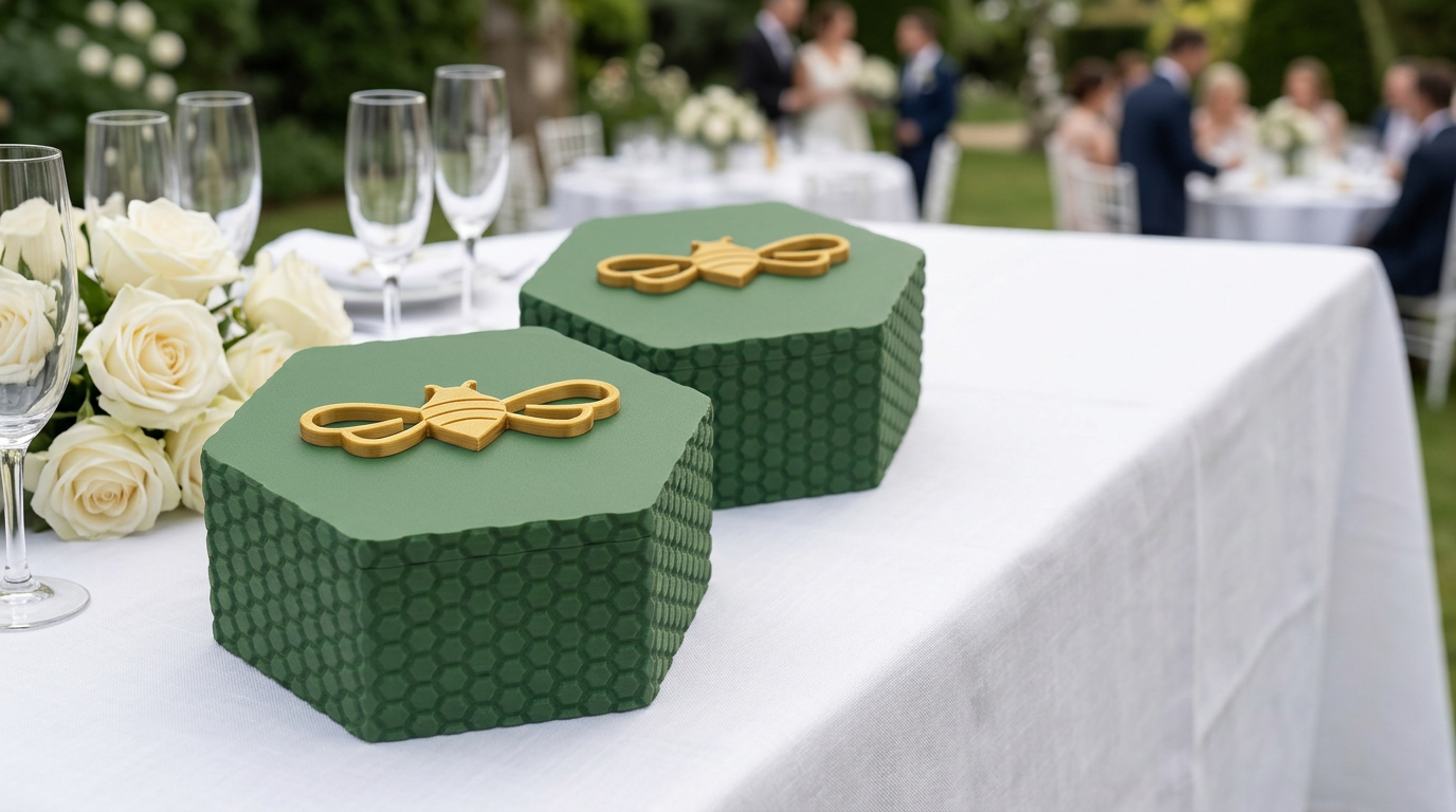 Illustrative wedding gifting scene inspired by Project Honey Bees packaging