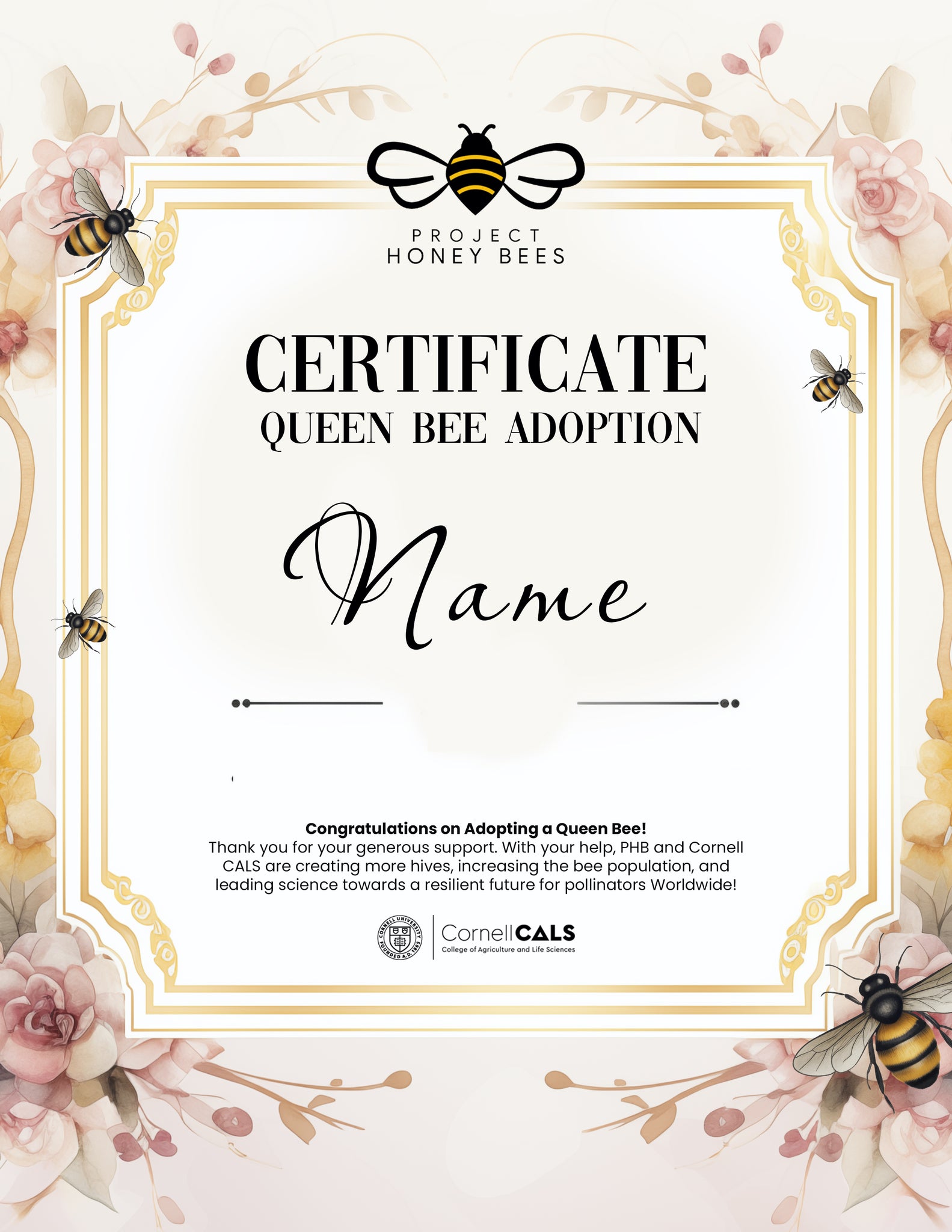 (NEW) Adopt A Bee Certificate - Elegant