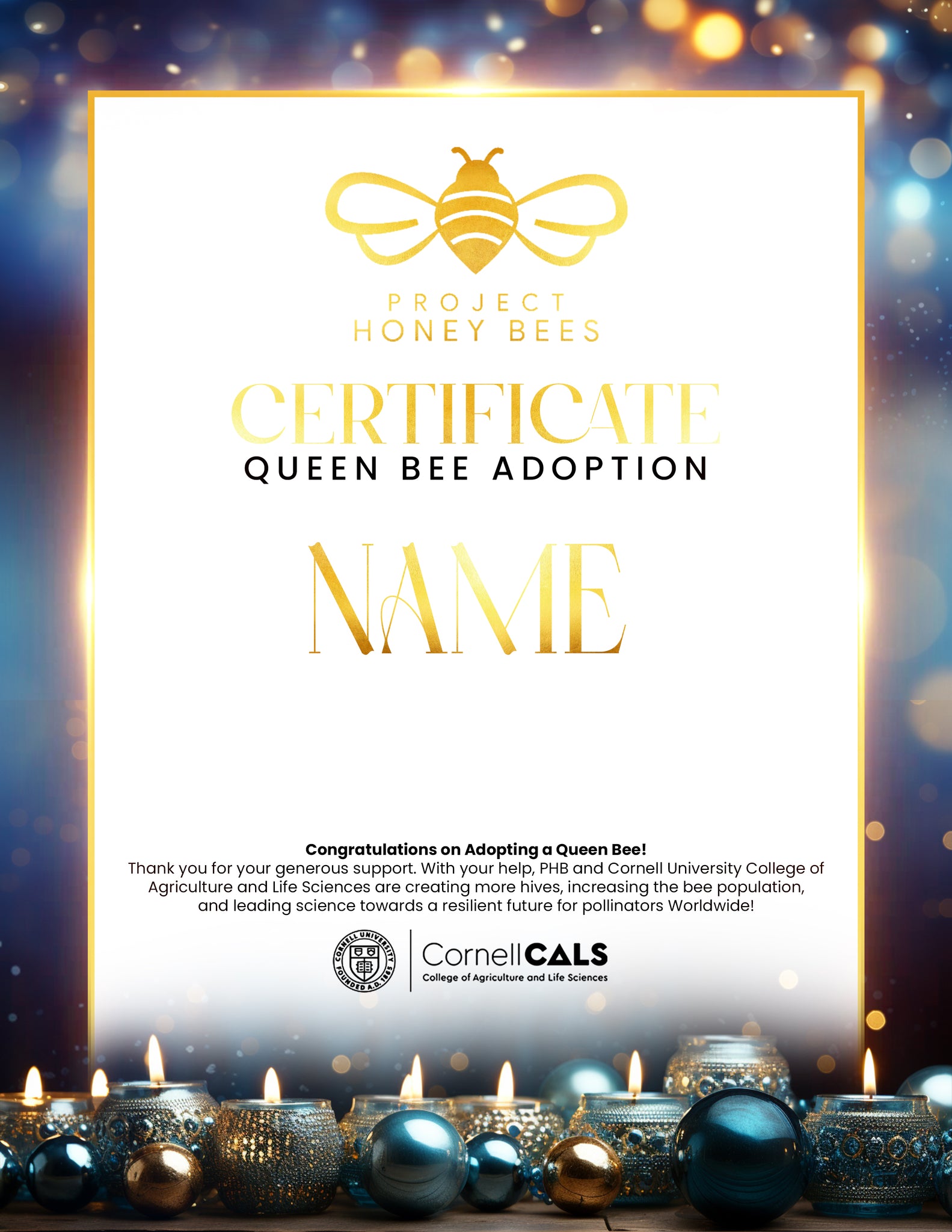 (NEW) Adopt A Bee Certificate - Holiday Sapphire