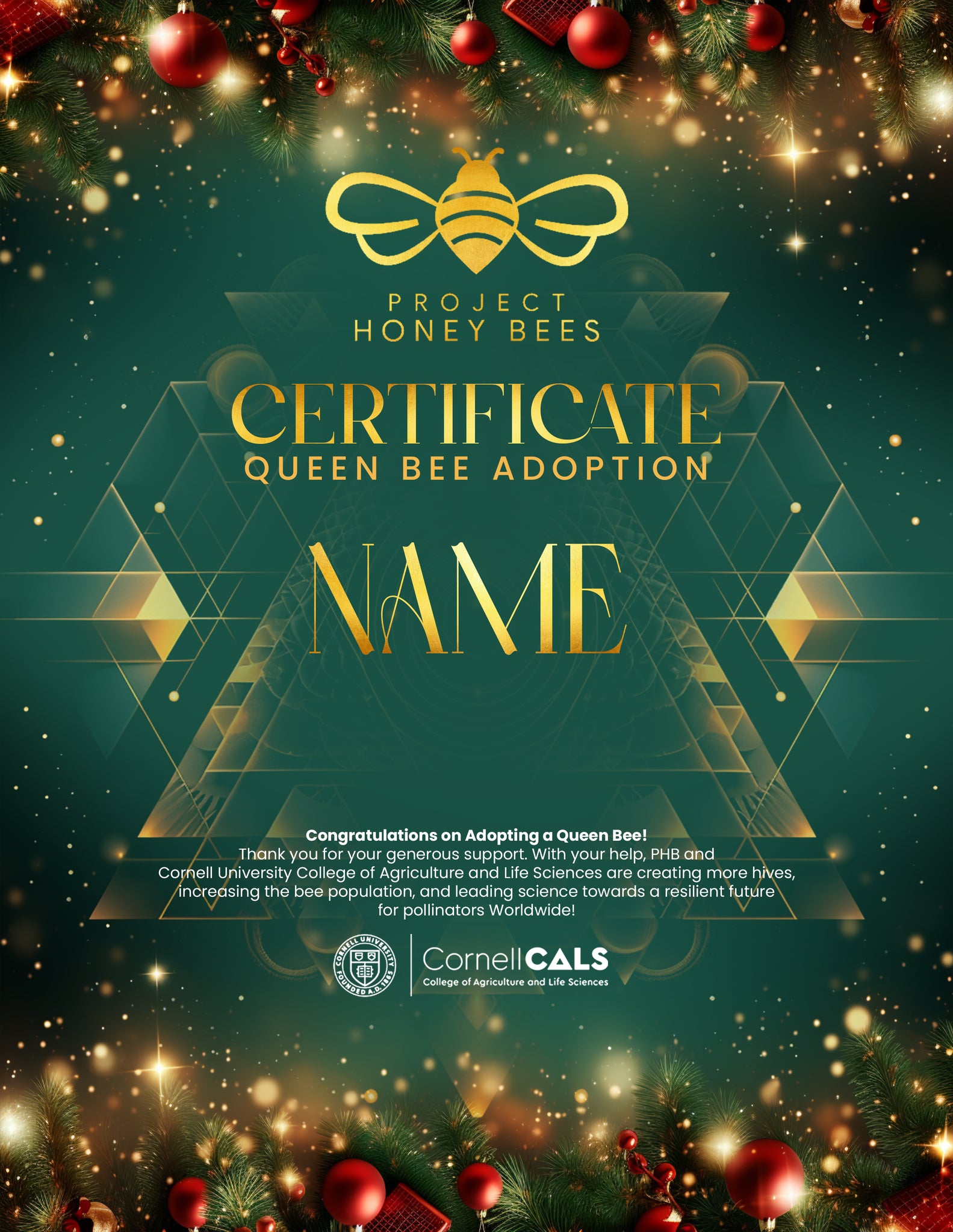 (NEW) Adopt A Bee Certificate - Holiday Emerald